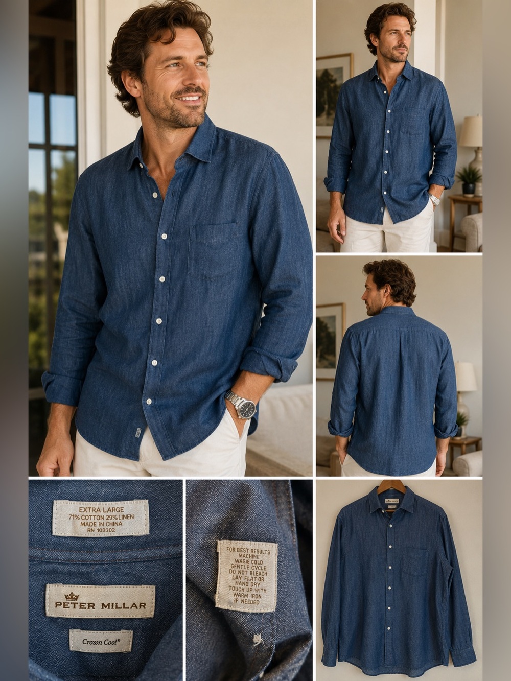 Peter Millar Crown Cool Chambray Linen Blend Button Front Shirt Men’s XL Blue